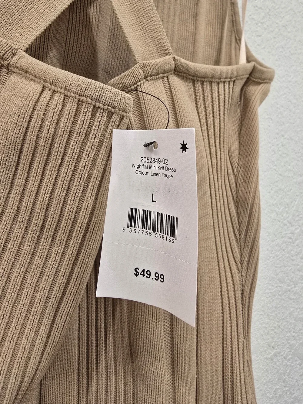 Nightfall Mini rib-knit bodycon round neck sleeveless Dress Linen Taupe L NWT - Picture 3 of 5